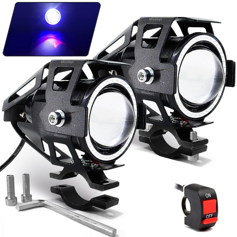 Mosleyz Motorcycle LED Fog Lights U7 Spotlight Daytime Running Lights Bicycle lights with Blue Angel Eyes Halo Ring and Switch 2-Sets - Image 1
